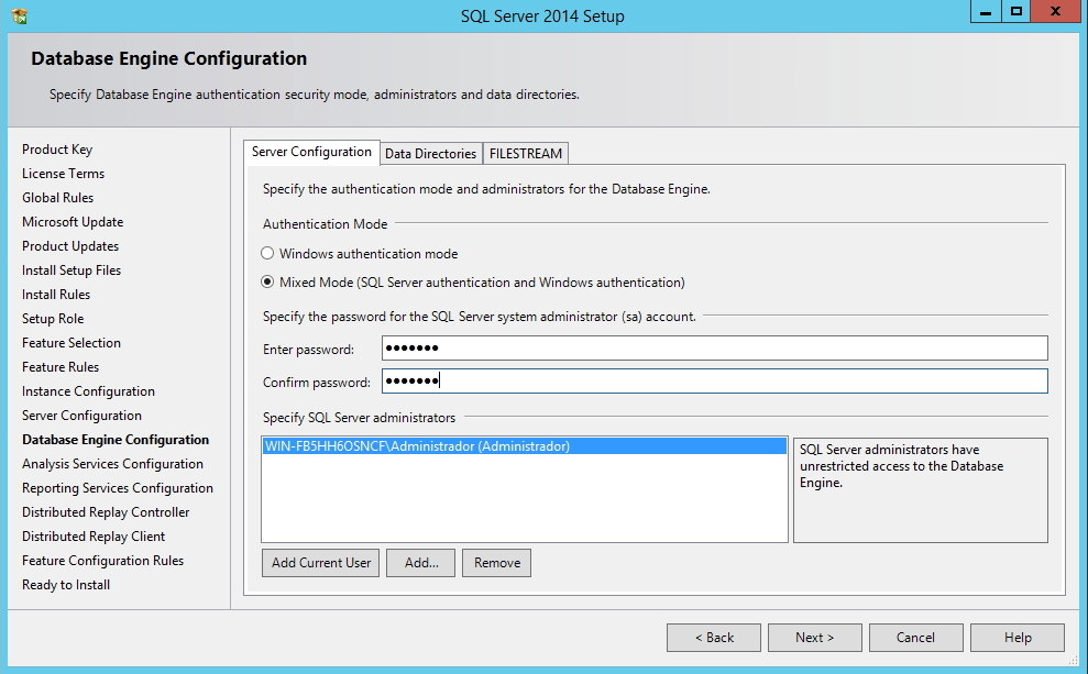 SQL Server - Configured Database Screen