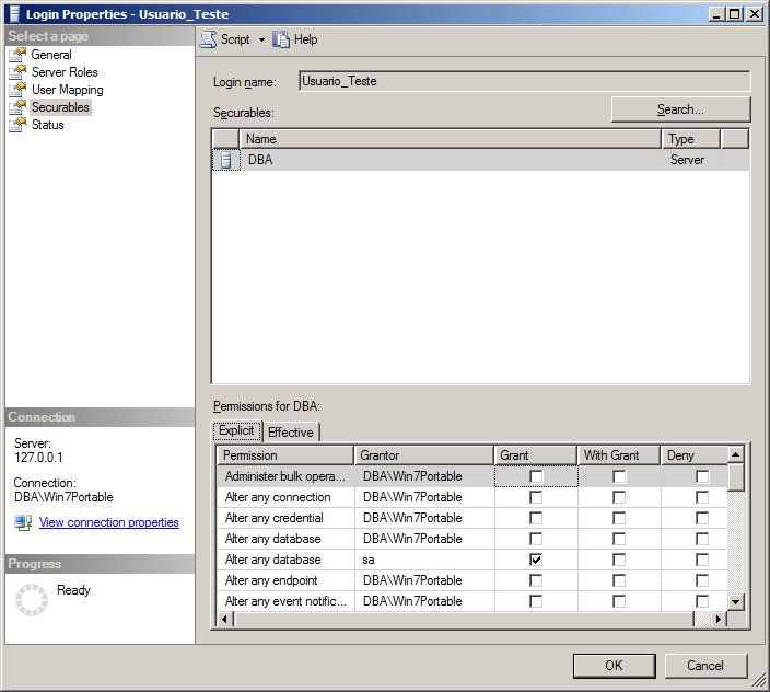 SQL Server - Permissões dos usuários - Interface GUI - Securables Explicit