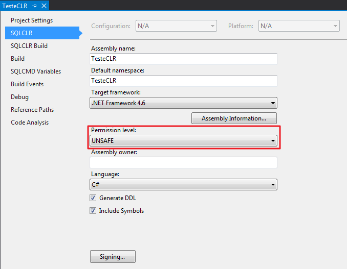 CLR Assembly Properties - Permission Set Visual Studio