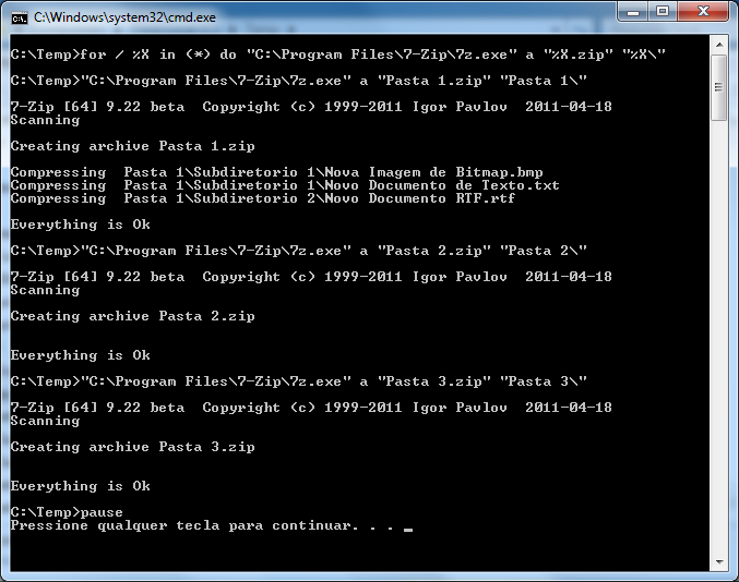 Como compactar arquivos diretórios batch cmd 2