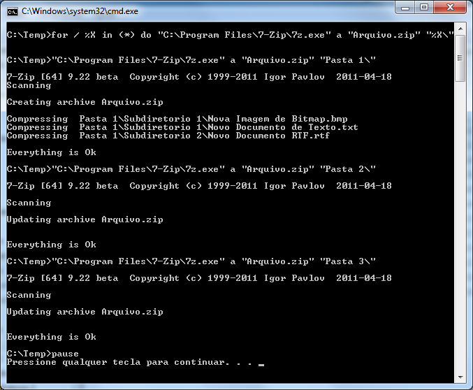 Como compactar arquivos diretórios batch cmd 4
