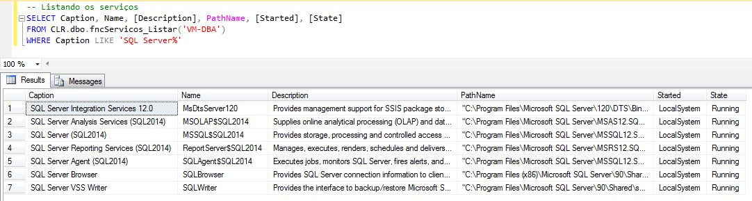 SQL Server - SC binary CLR list windows services